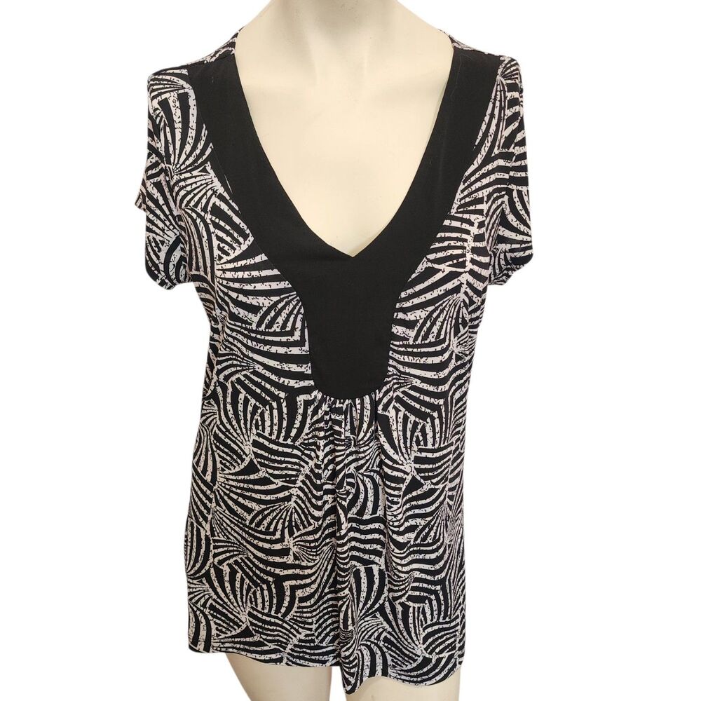 Judith Black White Abstract‎ Print Blouse 1X V Neck Short Sleeve Top Plus